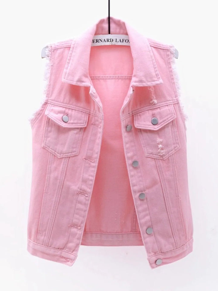 Full Size Button Down Raw Hem Sleeveless Denim Jacket Plus Size - Rare Leather