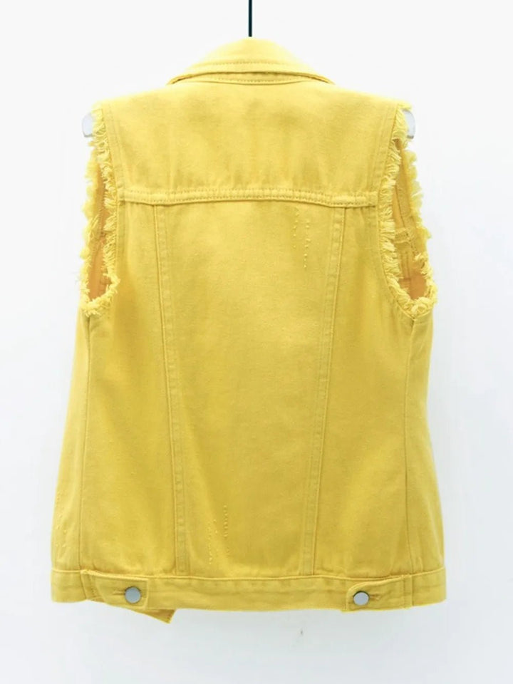 Full Size Button Down Raw Hem Sleeveless Denim Jacket Plus Size - Rare Leather