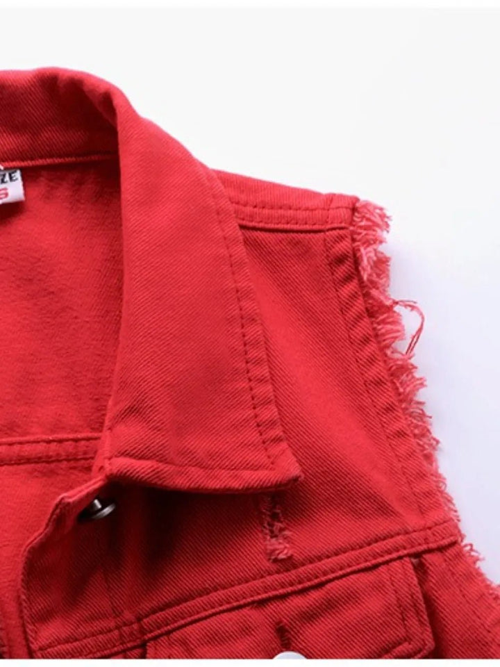 Full Size Button Down Raw Hem Sleeveless Denim Jacket Plus Size - Rare Leather