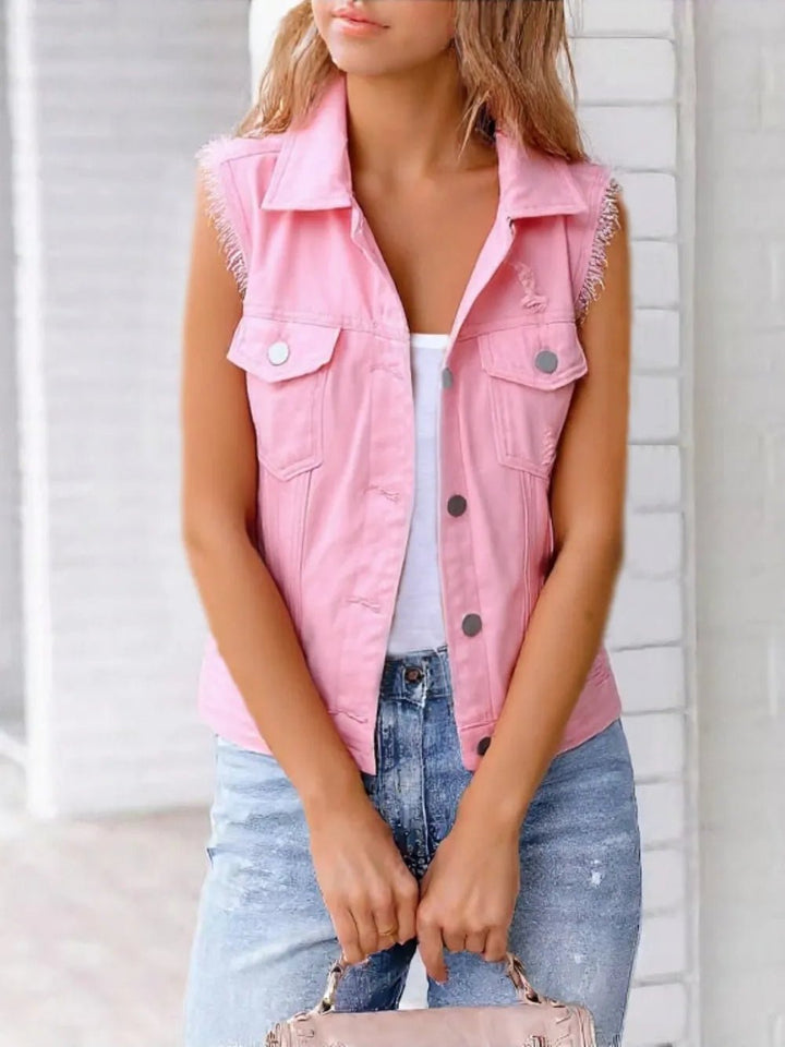 Full Size Button Down Raw Hem Sleeveless Denim Jacket Plus Size - Rare Leather