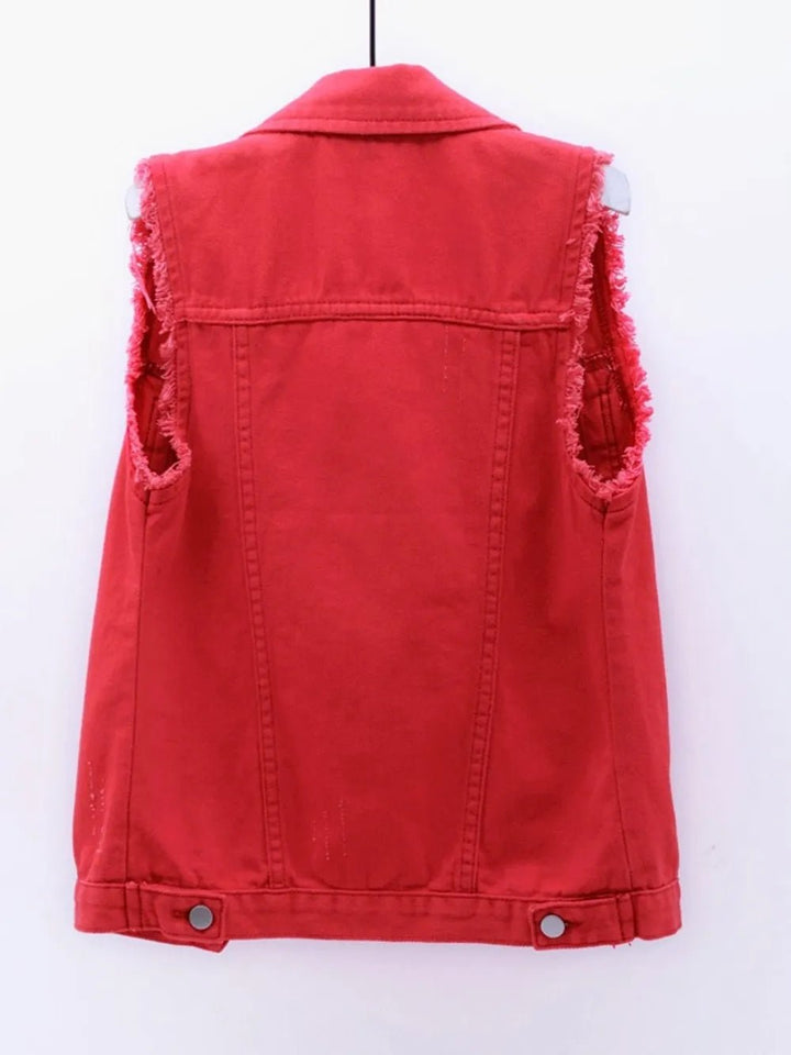 Full Size Button Down Raw Hem Sleeveless Denim Jacket Plus Size - Rare Leather