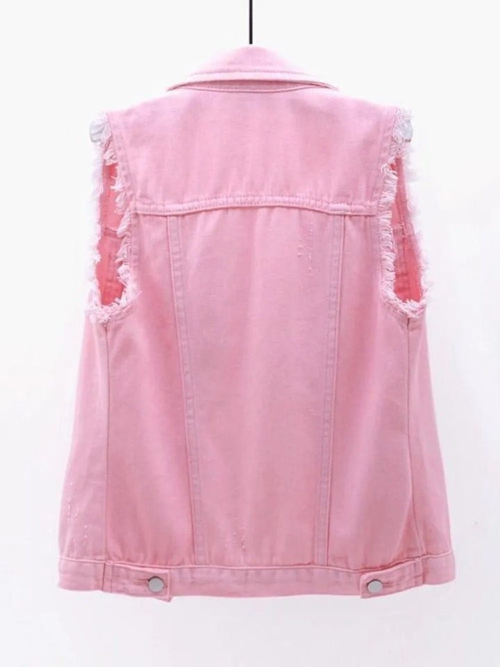 Full Size Button Down Raw Hem Sleeveless Denim Jacket Plus Size - Rare Leather