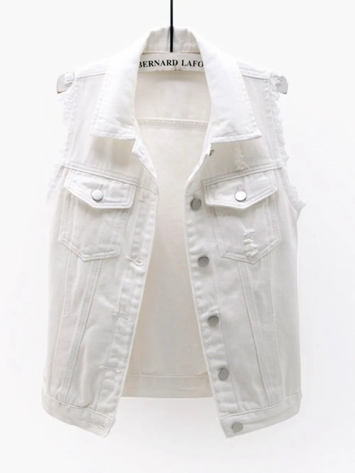 Full Size Button Down Raw Hem Sleeveless Denim Jacket Plus Size - Rare Leather