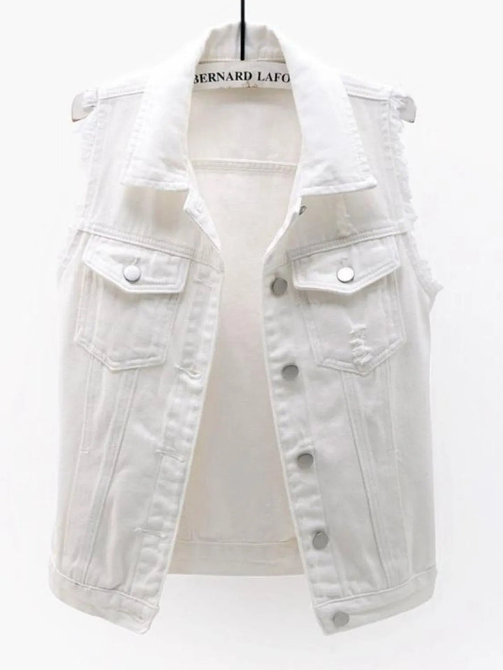 Full Size Sleeveless Frayed Denim Vest Jacket Plus Size - Rare Leather