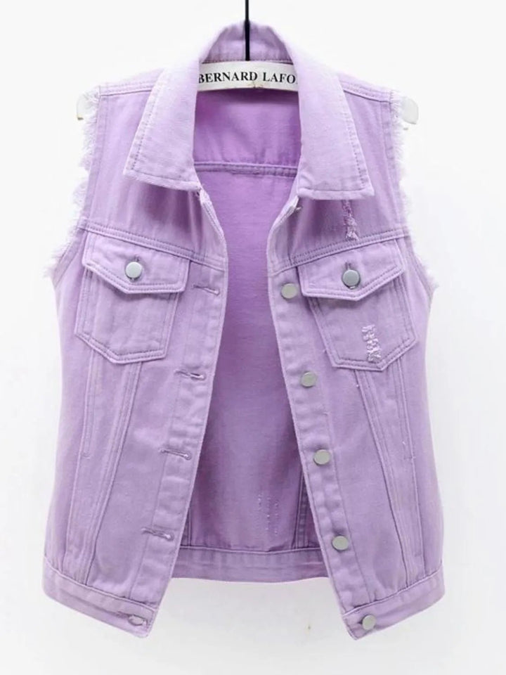 Full Size Sleeveless Frayed Denim Vest Jacket Plus Size - Rare Leather