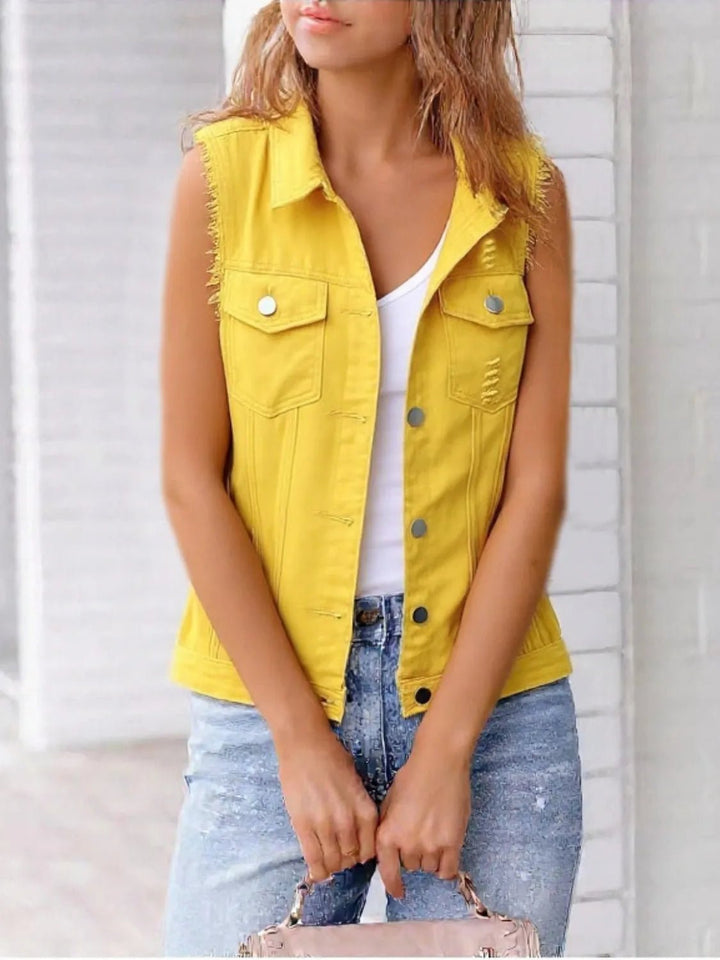 Full Size Sleeveless Frayed Denim Vest Jacket Plus Size - Rare Leather
