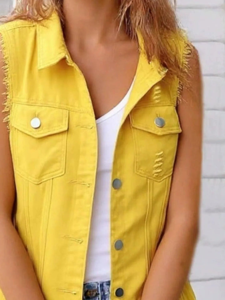 Full Size Sleeveless Frayed Denim Vest Jacket Plus Size - Rare Leather