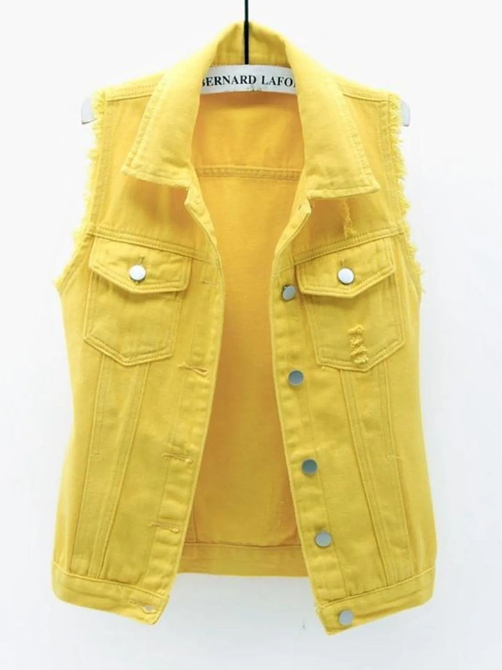 Full Size Sleeveless Frayed Denim Vest Jacket Plus Size - Rare Leather