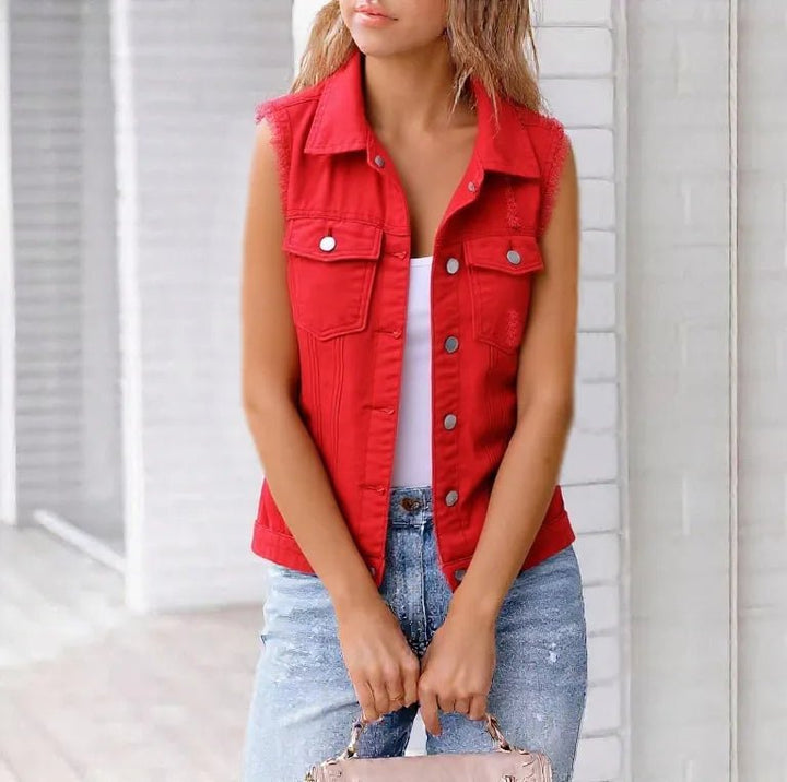 Full Size Sleeveless Frayed Denim Vest Jacket Plus Size - Rare Leather