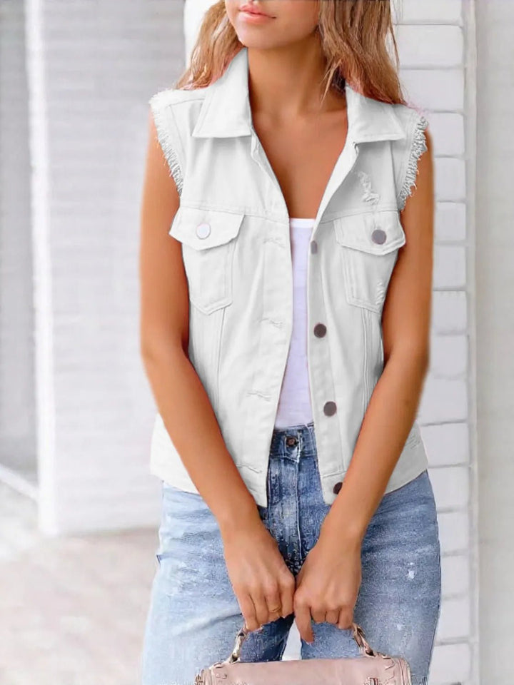 Full Size Sleeveless Frayed Denim Vest Jacket Plus Size - Rare Leather