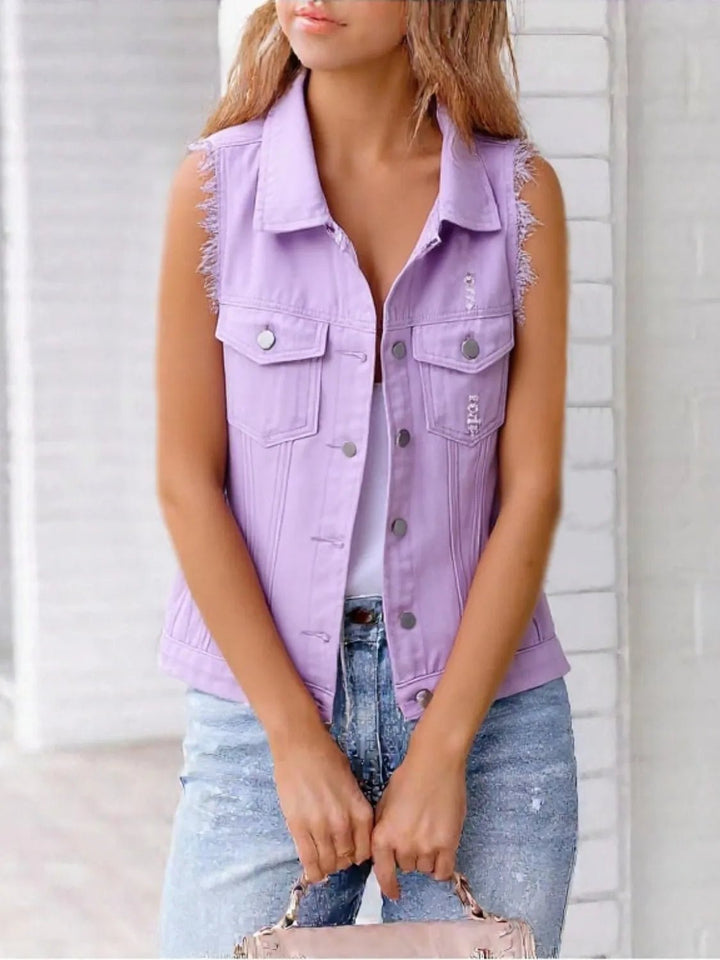 Full Size Sleeveless Frayed Denim Vest Jacket Plus Size - Rare Leather
