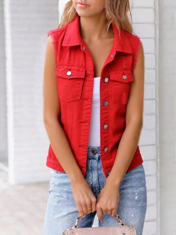Full Size Sleeveless Frayed Denim Vest Jacket Plus Size - Rare Leather