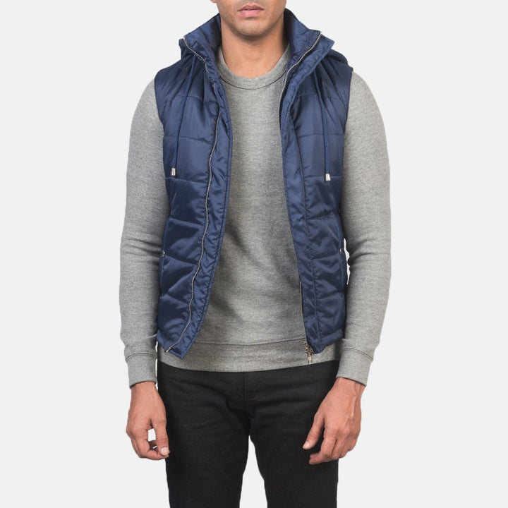 Fuston Blue Hooded Puffer Vest - Rare Leather