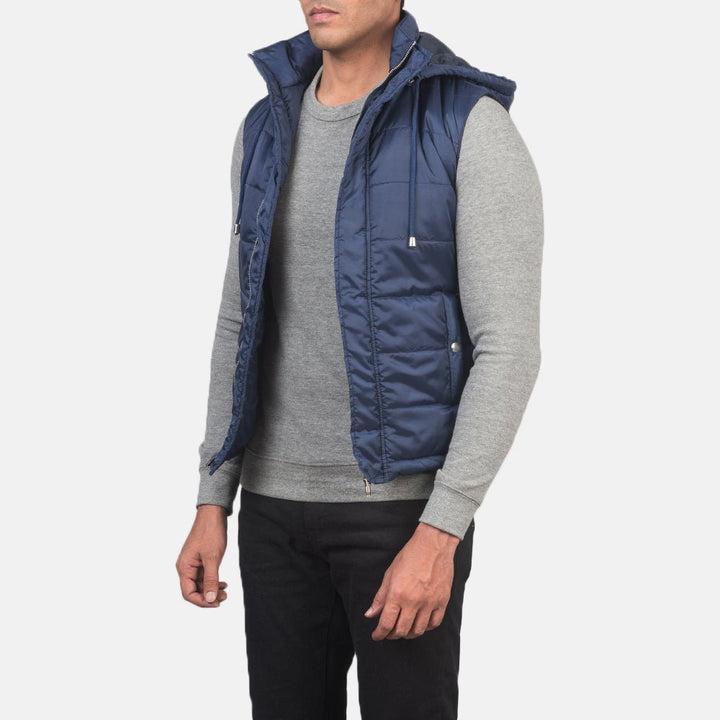 Fuston Blue Hooded Puffer Vest - Rare Leather