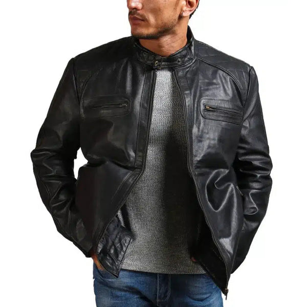 Garcia Mens Cafe Racer Black Leather Jacket - Rare Leather