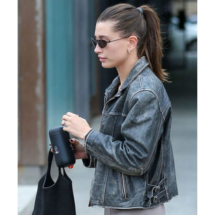Hailey Bieber Black Distressed Leather Jacket - Rare Leather