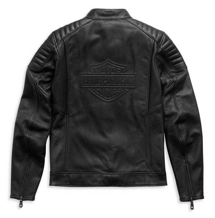 Harley - Davidson Mens Embossed Logo Padded Biker Leather Jacket Black - Rare Leather