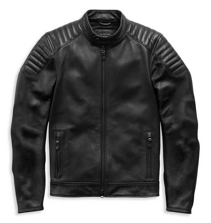 Harley - Davidson Mens Embossed Logo Padded Biker Leather Jacket Black - Rare Leather