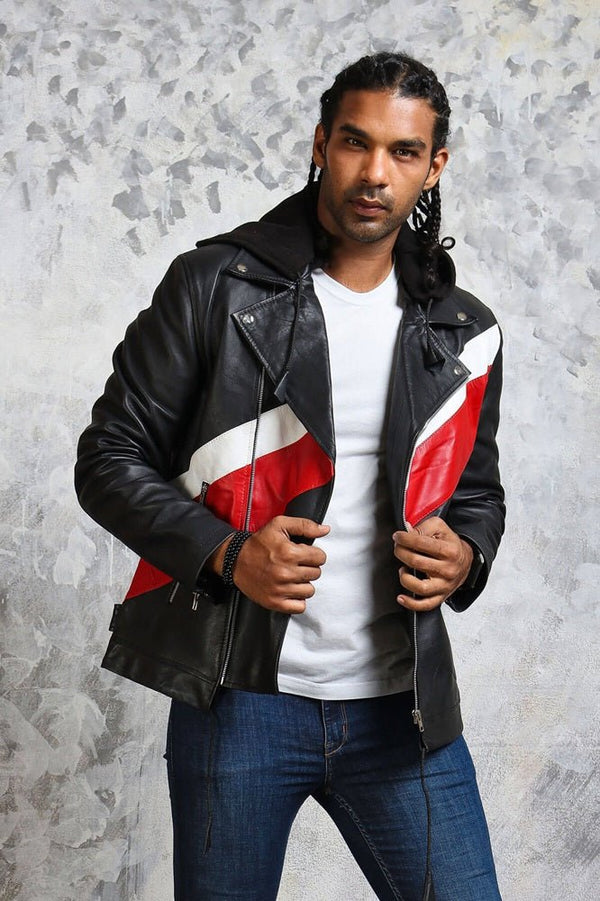 Hooded Leather Jacket in Black with Stripes - Rare Leather