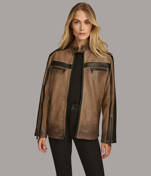 Jade Color Block Racer Jacket - Rare Leather
