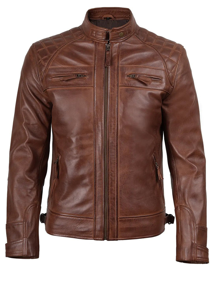 Johnson Men's Cognac Brown Quilted Biker Leather Jacket - Rare Leather