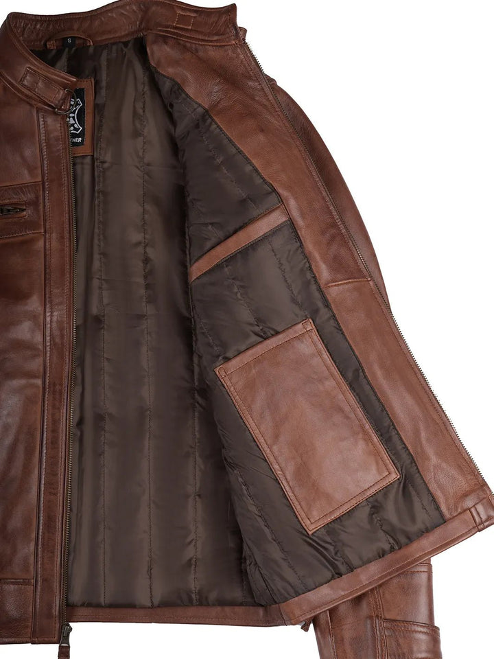 Johnson Men's Cognac Brown Quilted Biker Leather Jacket - Rare Leather
