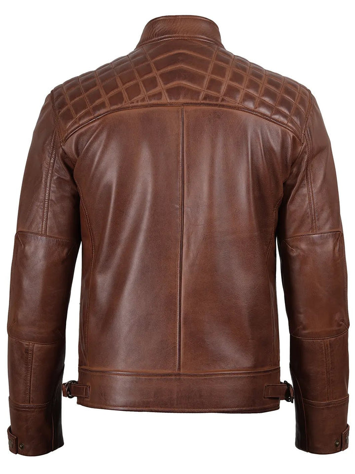 Johnson Men's Cognac Brown Quilted Biker Leather Jacket - Rare Leather