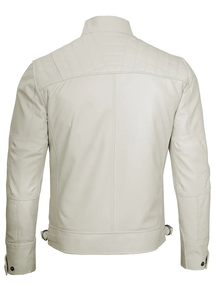 Johnson Mens Off White Quilted Cafe Racer Leather Jacket - Rare Leather