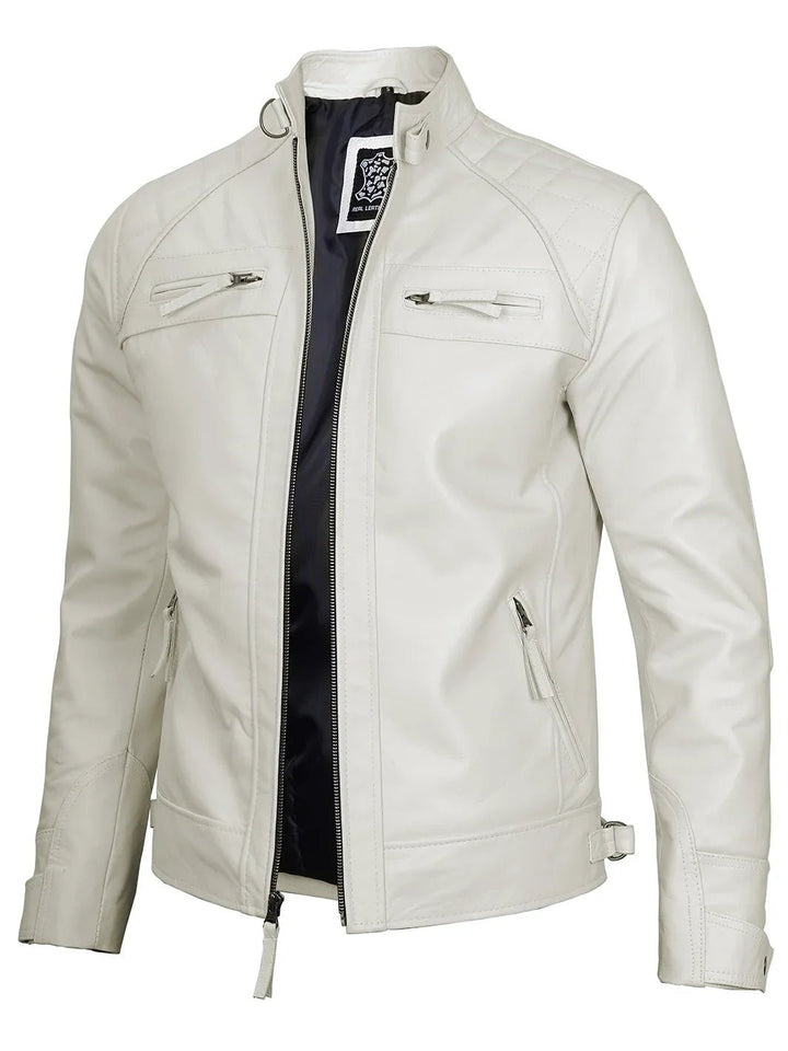 Johnson Mens Off White Quilted Cafe Racer Leather Jacket - Rare Leather