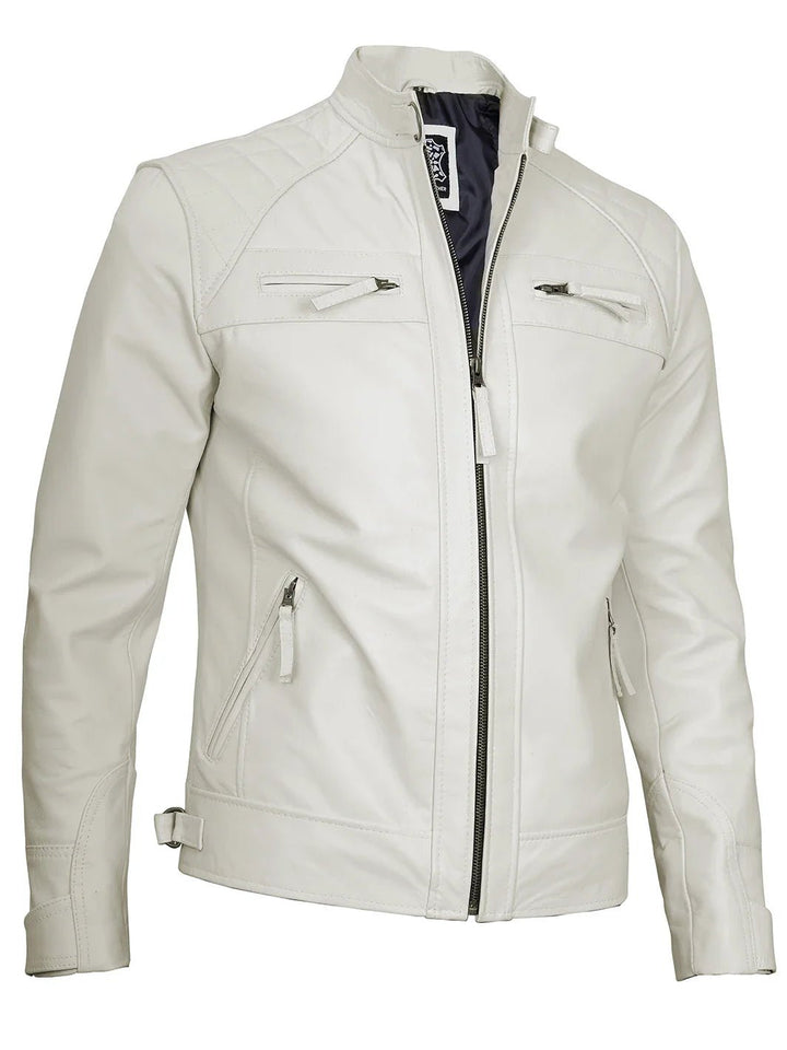 Johnson Mens Off White Quilted Cafe Racer Leather Jacket - Rare Leather
