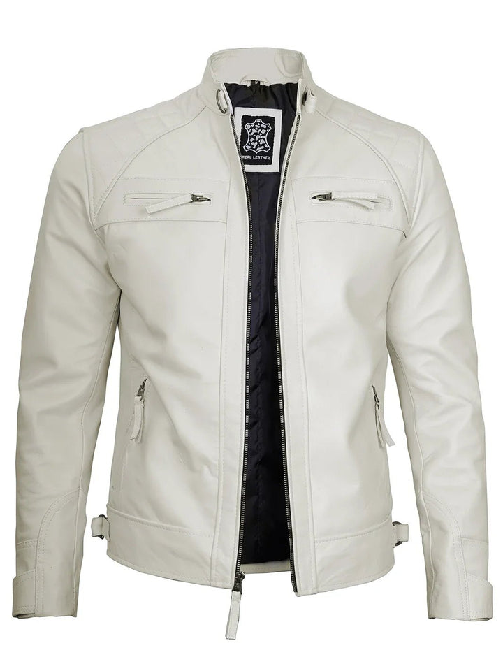 Johnson Mens Off White Quilted Cafe Racer Leather Jacket - Rare Leather