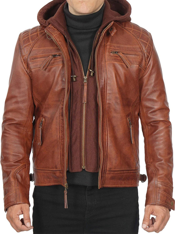 Johnson Mens Tan Hooded Leather Jacket - Rare Leather