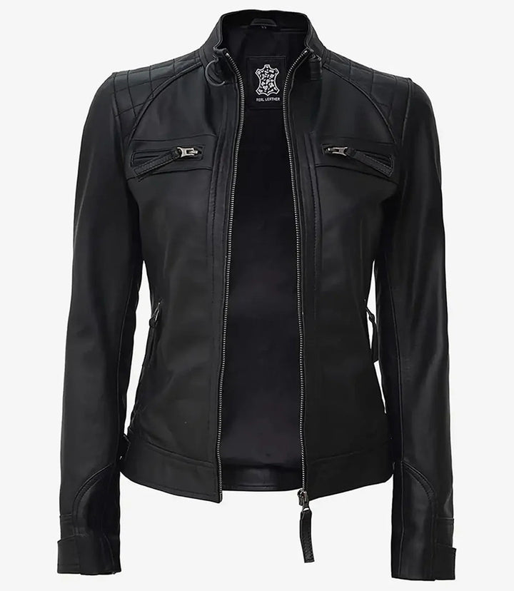Johnson Women Black Quilted Biker Leather Jacket - Rare Leather