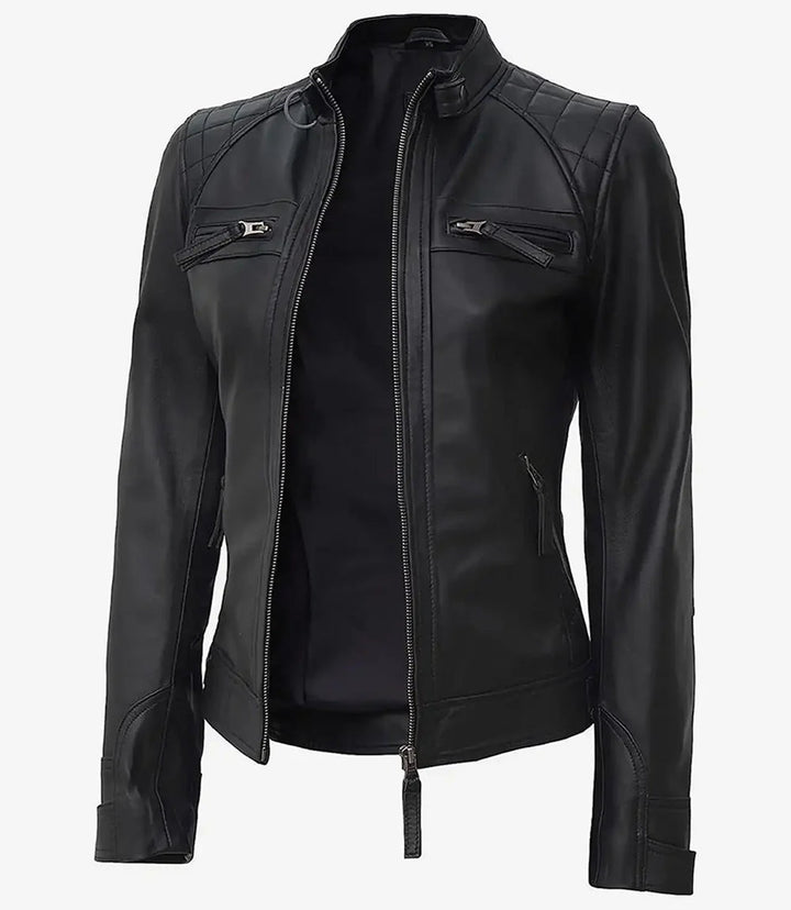 Johnson Women Black Quilted Biker Leather Jacket - Rare Leather