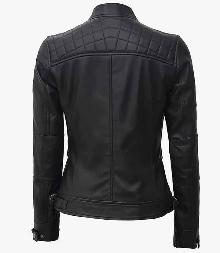 Johnson Women Black Quilted Biker Leather Jacket - Rare Leather