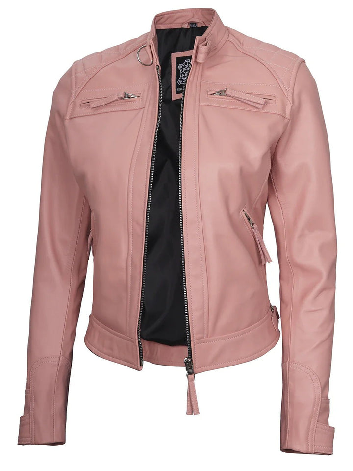 Johnson Women Pink Quilted Cafe Racer Leather Jacket - Rare Leather