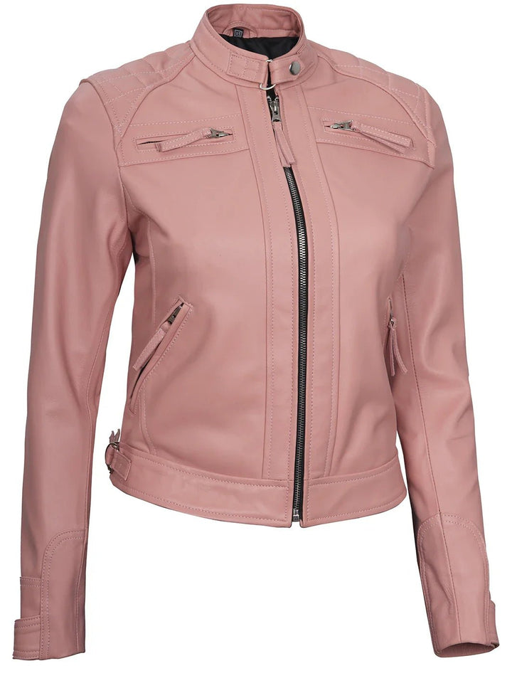 Johnson Women Pink Quilted Cafe Racer Leather Jacket - Rare Leather