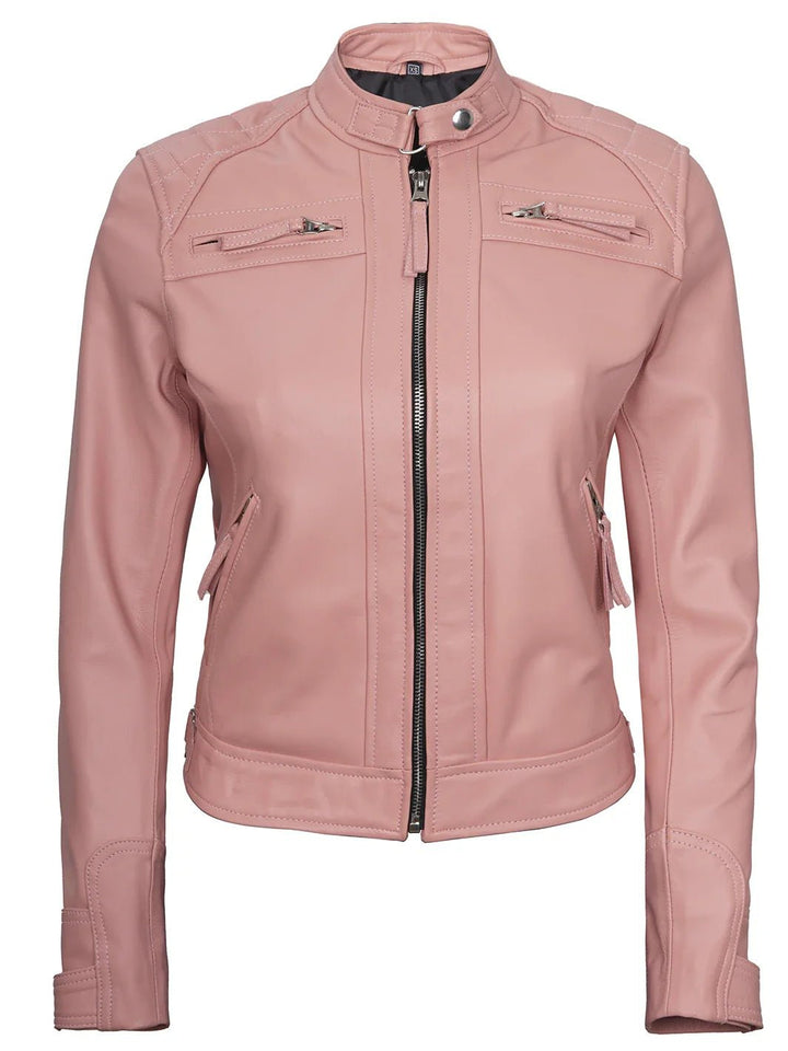 Johnson Women Pink Quilted Cafe Racer Leather Jacket - Rare Leather