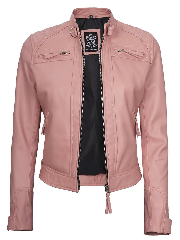 Johnson Women Pink Quilted Cafe Racer Leather Jacket - Rare Leather
