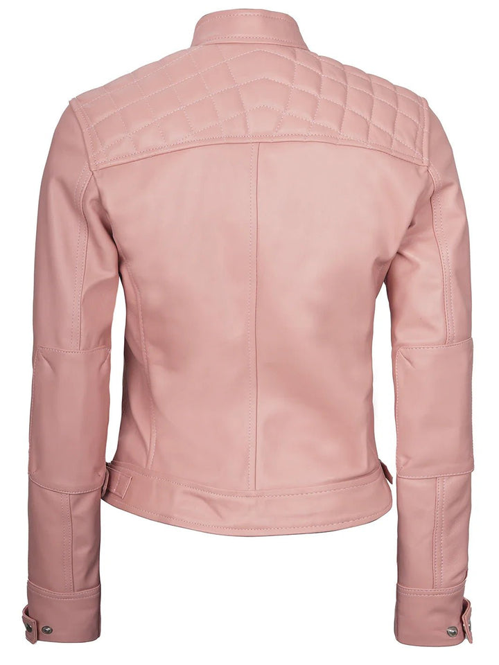 Johnson Women Pink Quilted Cafe Racer Leather Jacket - Rare Leather