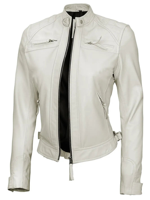 Johnson Women Quilted Off White Cafe Racer Leather Jacket - Rare Leather