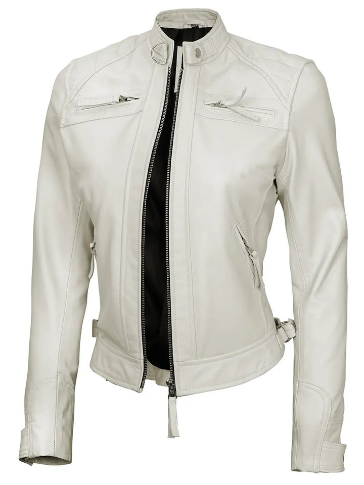 Johnson Women Quilted Off White Cafe Racer Leather Jacket - Rare Leather