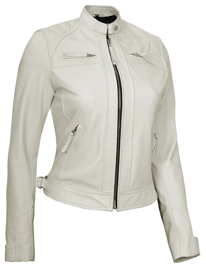 Johnson Women Quilted Off White Cafe Racer Leather Jacket - Rare Leather
