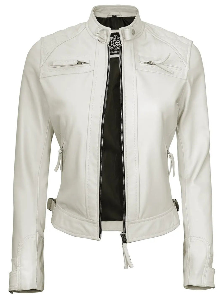 Johnson Women Quilted Off White Cafe Racer Leather Jacket - Rare Leather