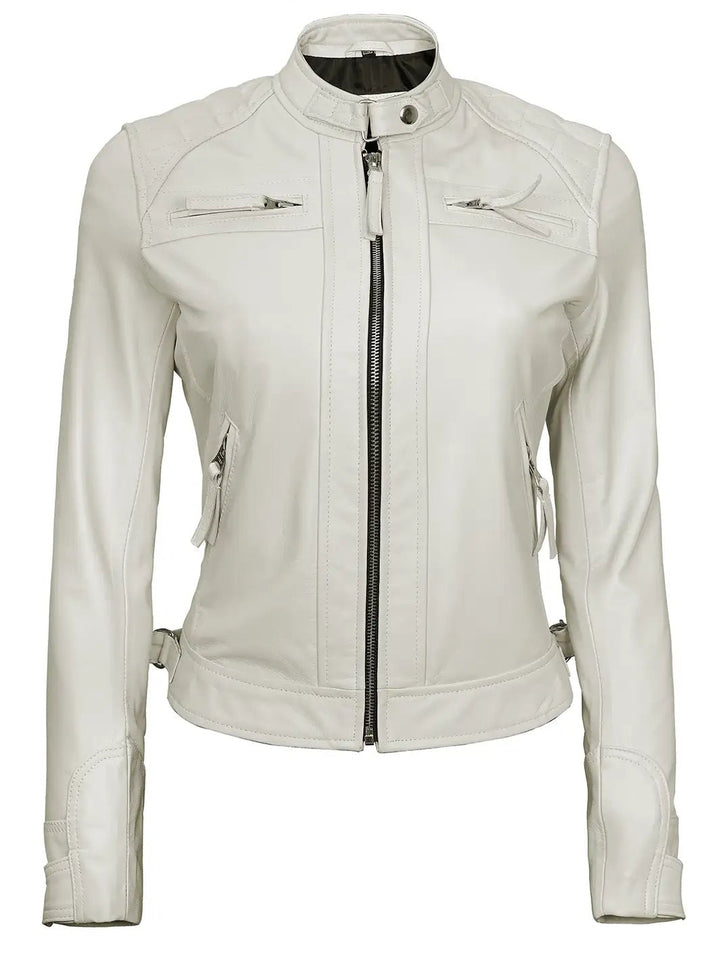 Johnson Women Quilted Off White Cafe Racer Leather Jacket - Rare Leather