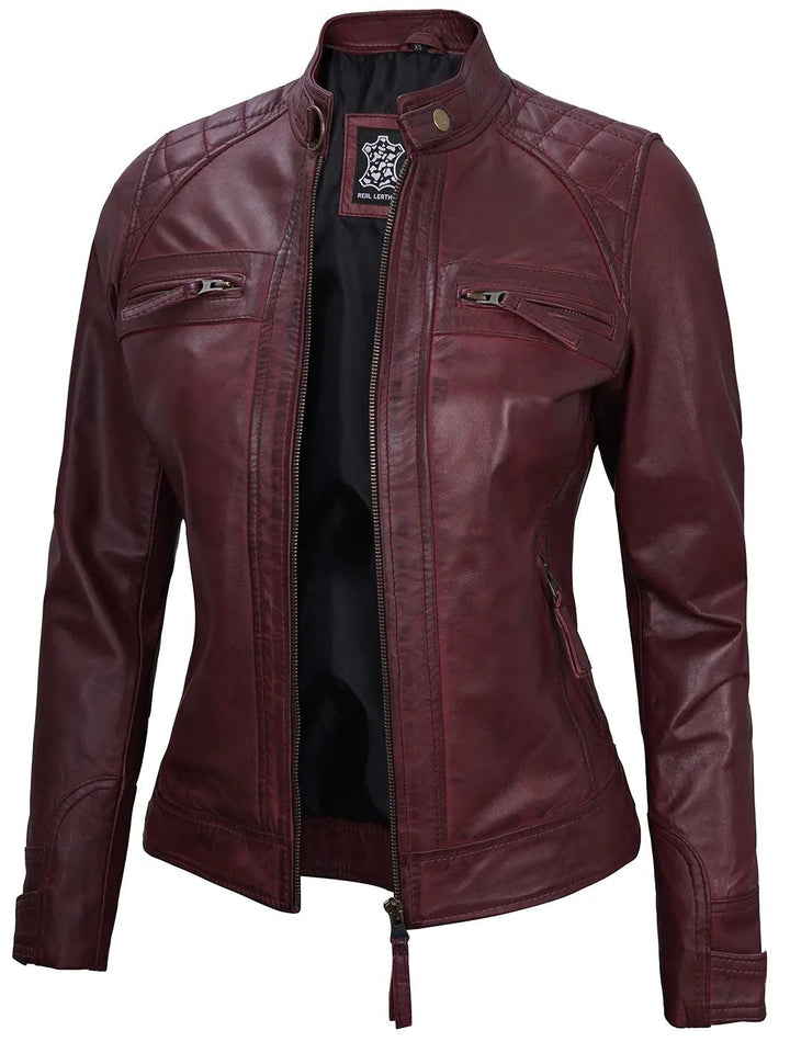 Johnson Women's Burgundy Quilted Cafe Racer Leather Jacket - Rare Leather