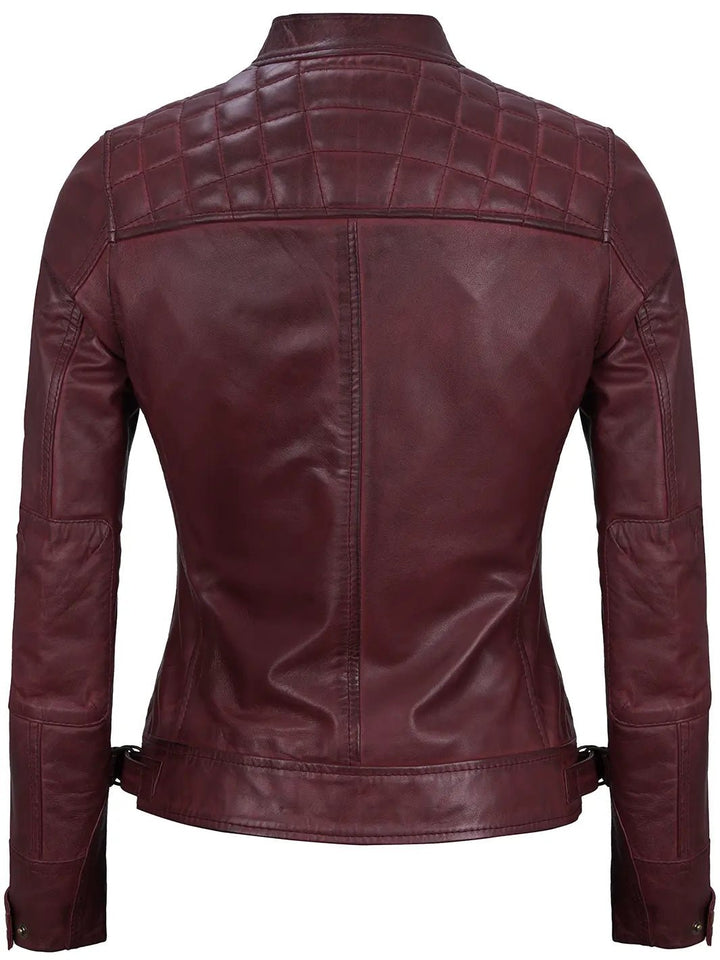 Johnson Women's Burgundy Quilted Cafe Racer Leather Jacket - Rare Leather