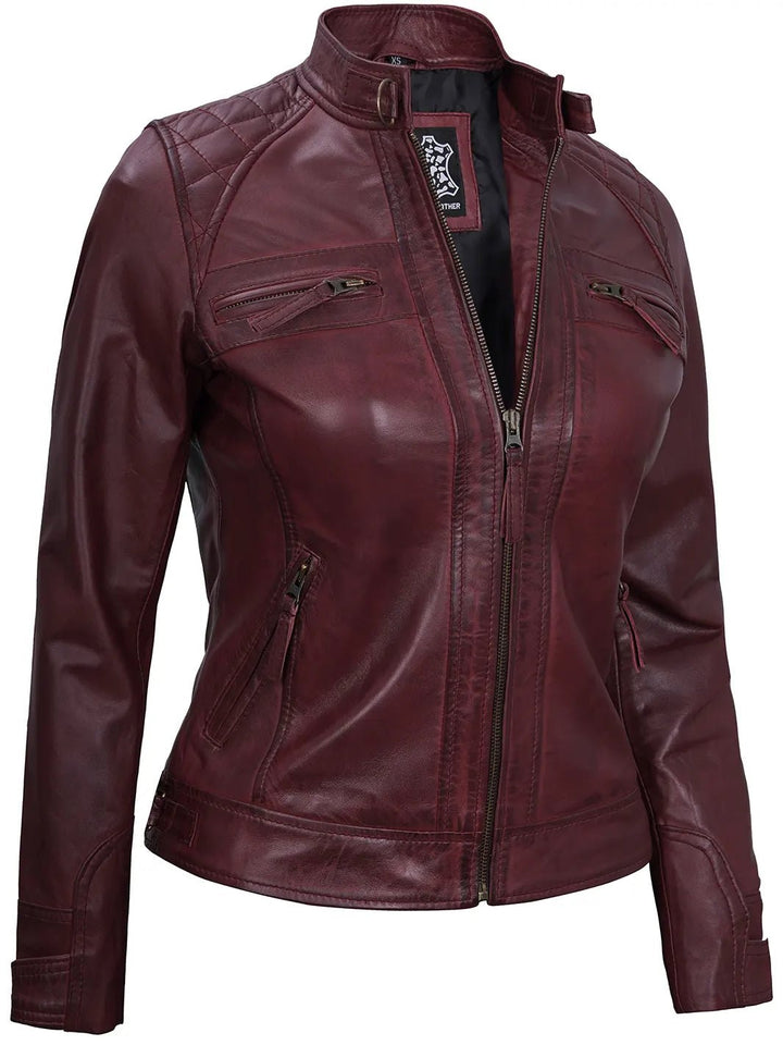 Johnson Women's Burgundy Quilted Cafe Racer Leather Jacket - Rare Leather