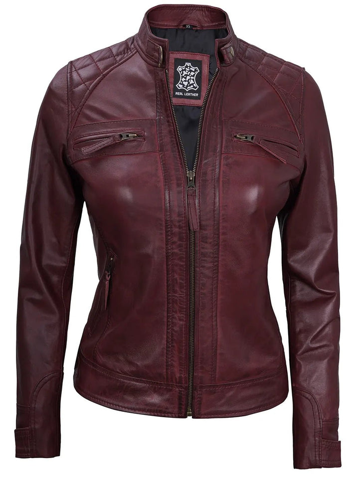 Johnson Women's Burgundy Quilted Cafe Racer Leather Jacket - Rare Leather