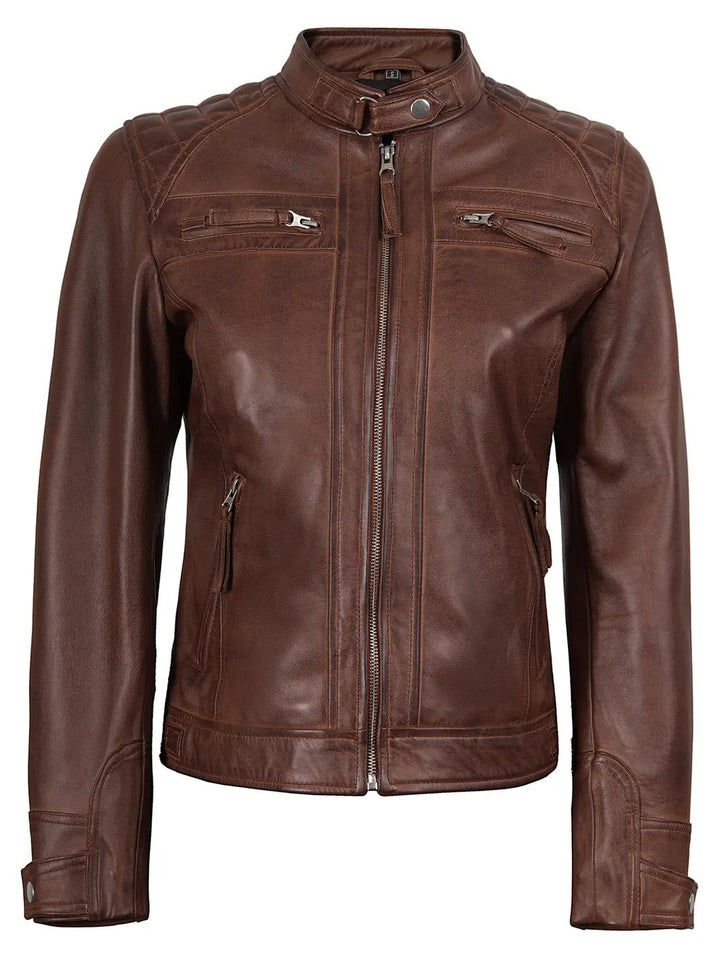 Johnson Women's Cognac Brown Cafe Racer Leather Jacket - Rare Leather